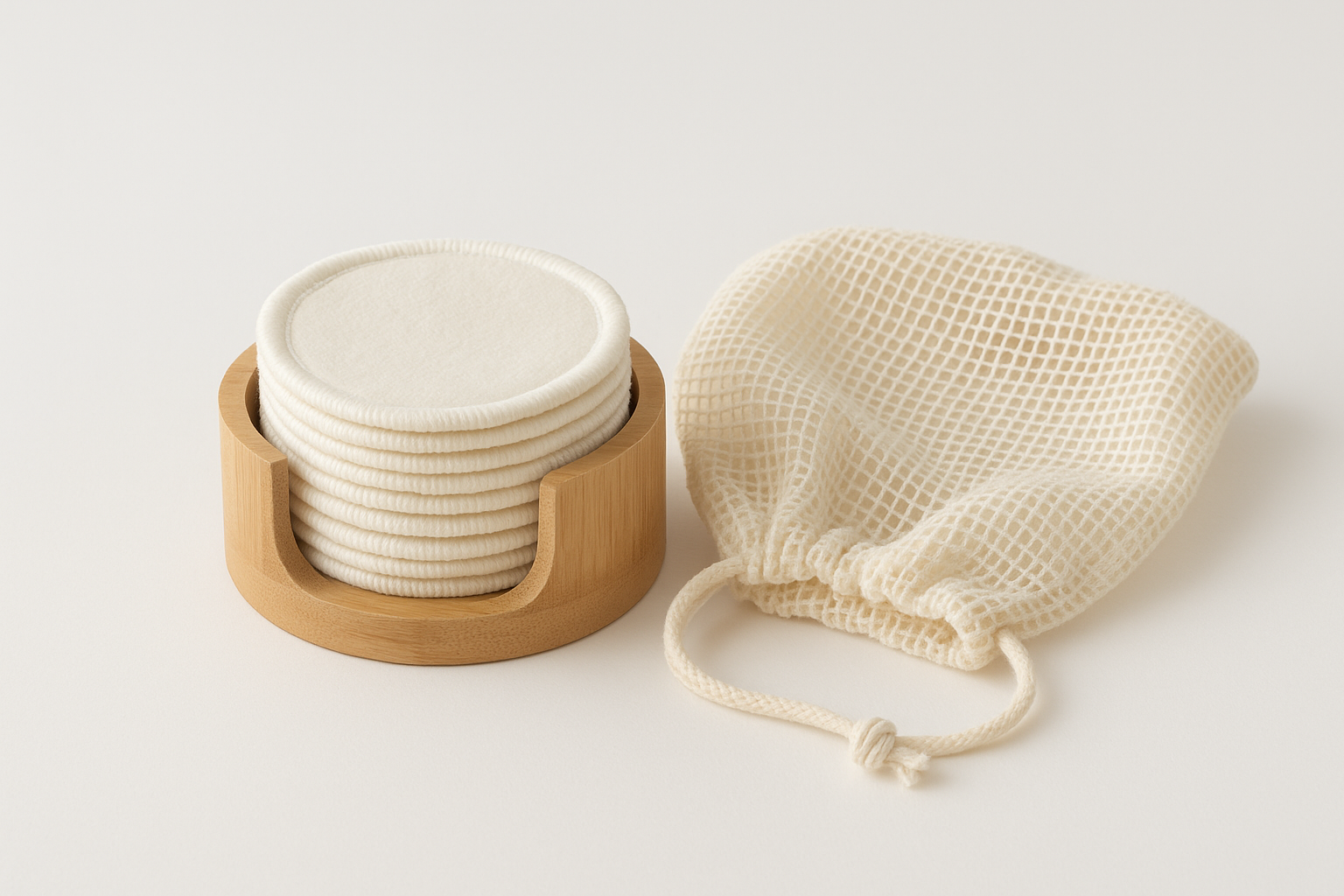 Bamboo face rounds with wooden holder mesh bag