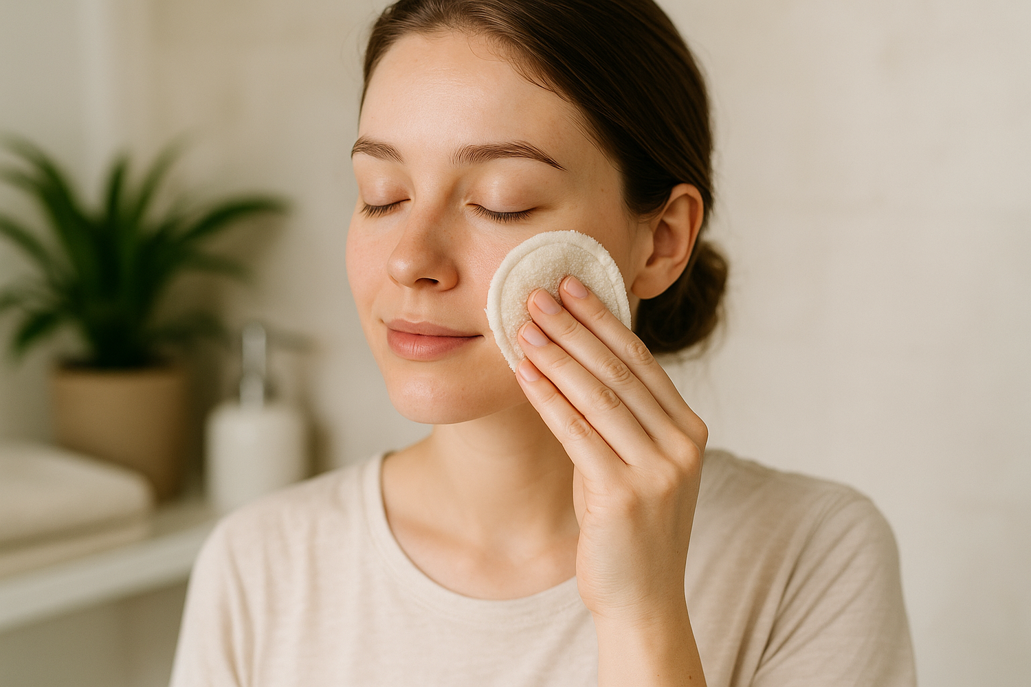 woman wiping face with reusable make up wipe