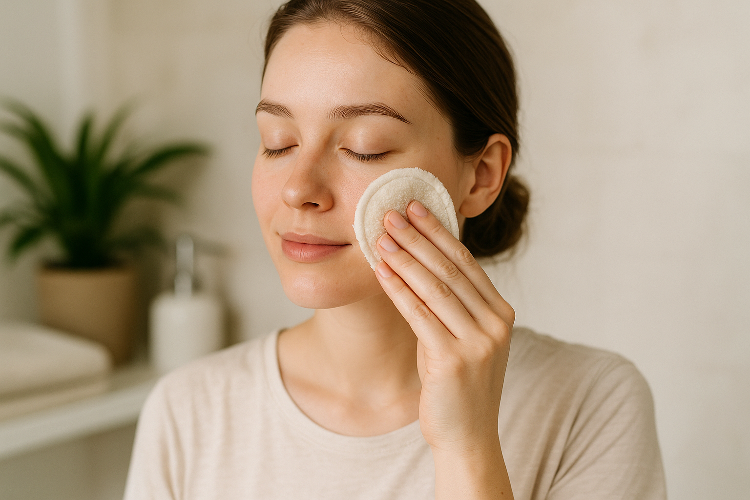 woman wiping face with reusable make up wipe 